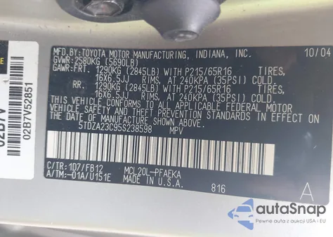 2005 Toyota Sienna Le z USA, uszkodzony, nr VIN 5TDZA23C95S238598